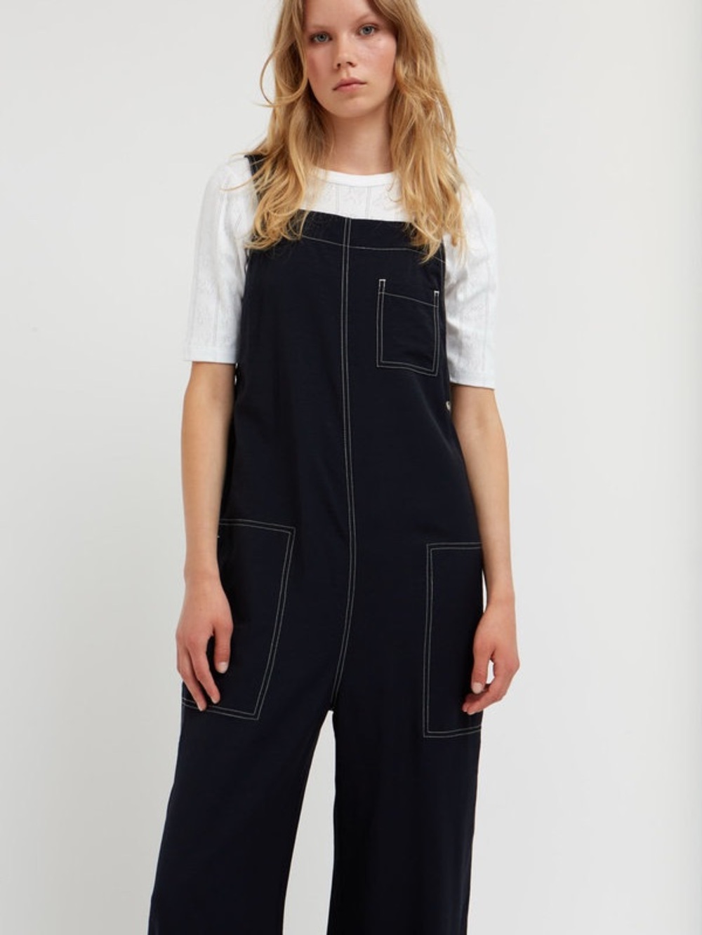 $350 WOOD WOOD Navy Wide-Leg Overalls Contrast Stitching Trendy Junpsuit 38